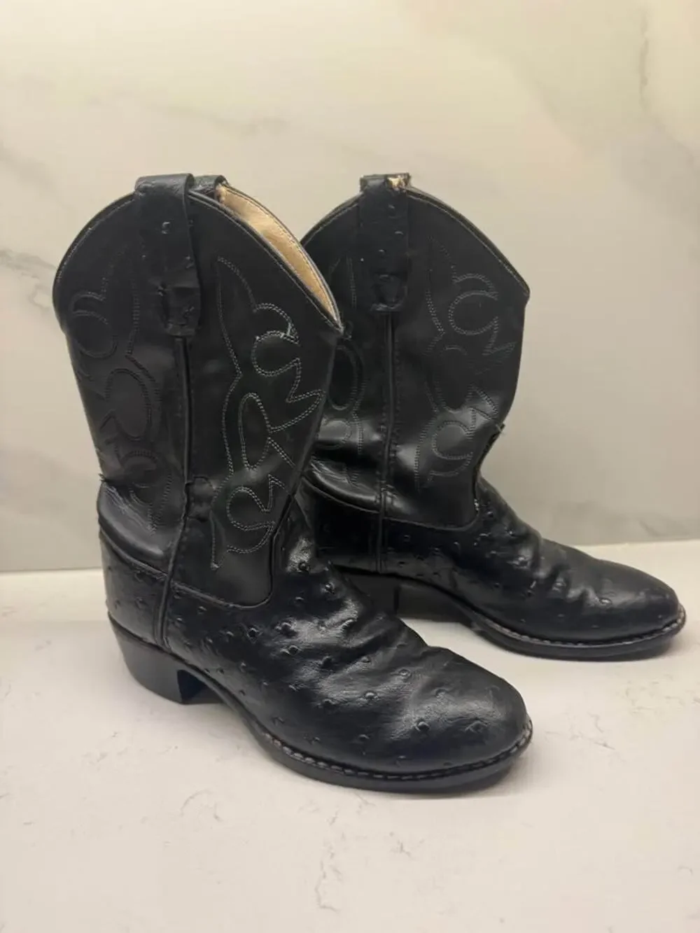 Old West Kids Size 1.5 Black Ostrich Cowboy Boots